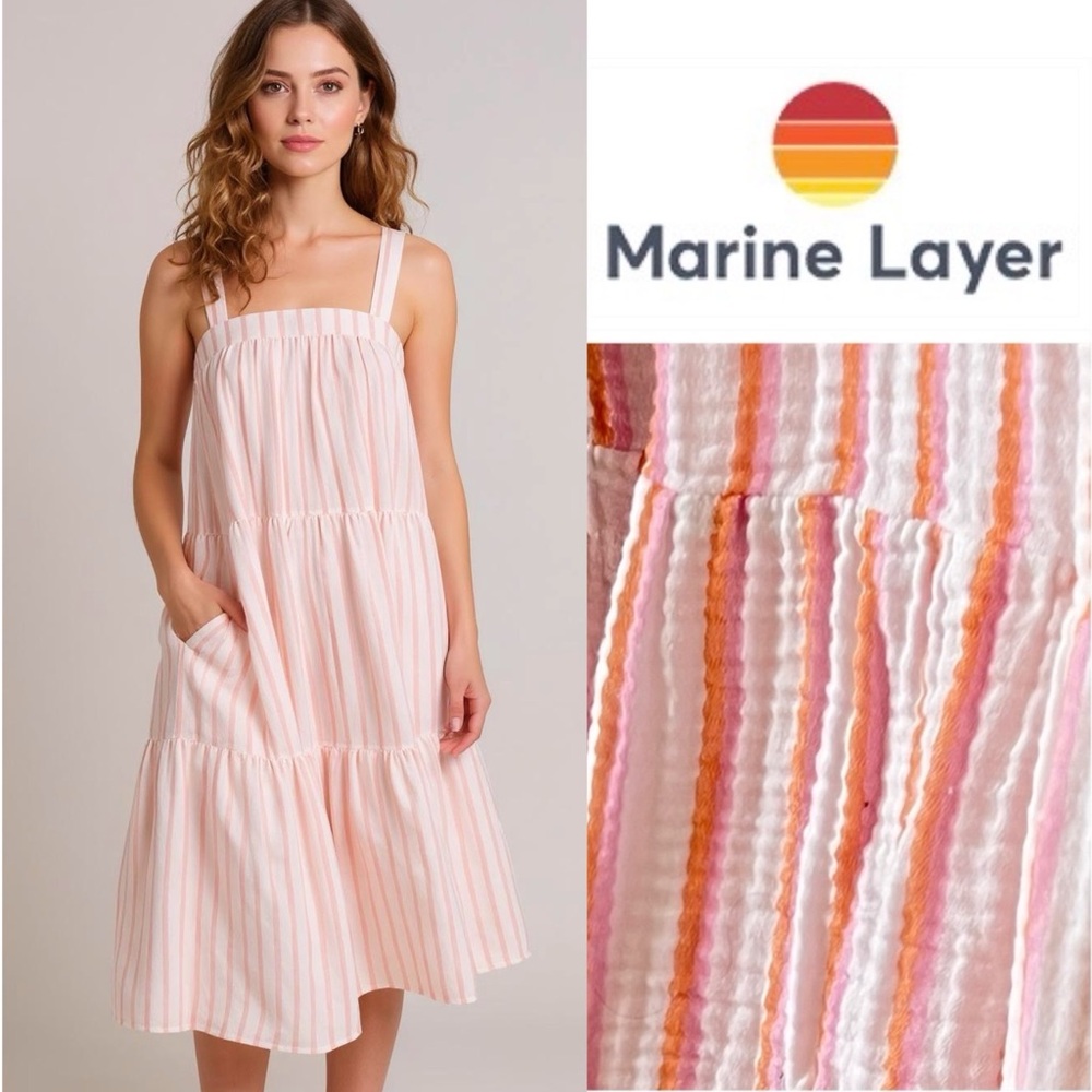 Marine Layer Square Neck Tiered Midi Dress Pink/Orange/White Stripe Size Small